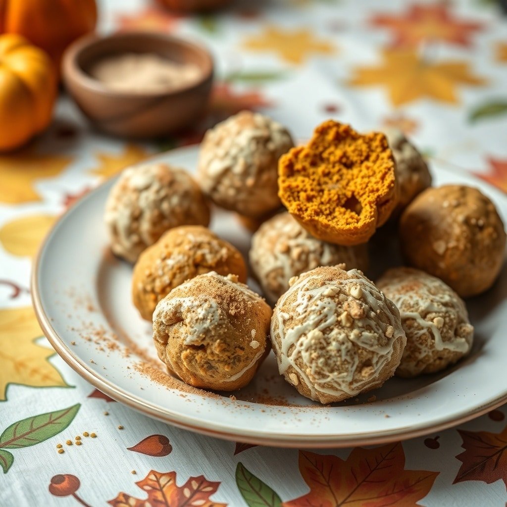 A plate of pumpkin spice protein balls, some drizzled with white chocolate and sprinkled with cinnamon, surrounded by autumn leaves and small pumpkins.