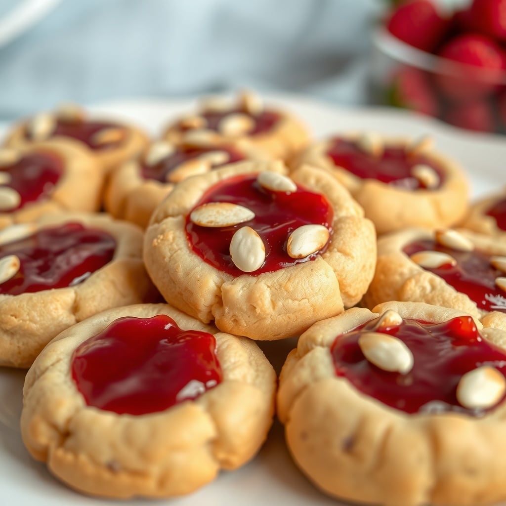 30 Delectable Christmas Cookie Recipes to Try This Holiday Season A plate of raspberry almond thumbprint cookies with a glossy raspberry jam center and almond slices on top.