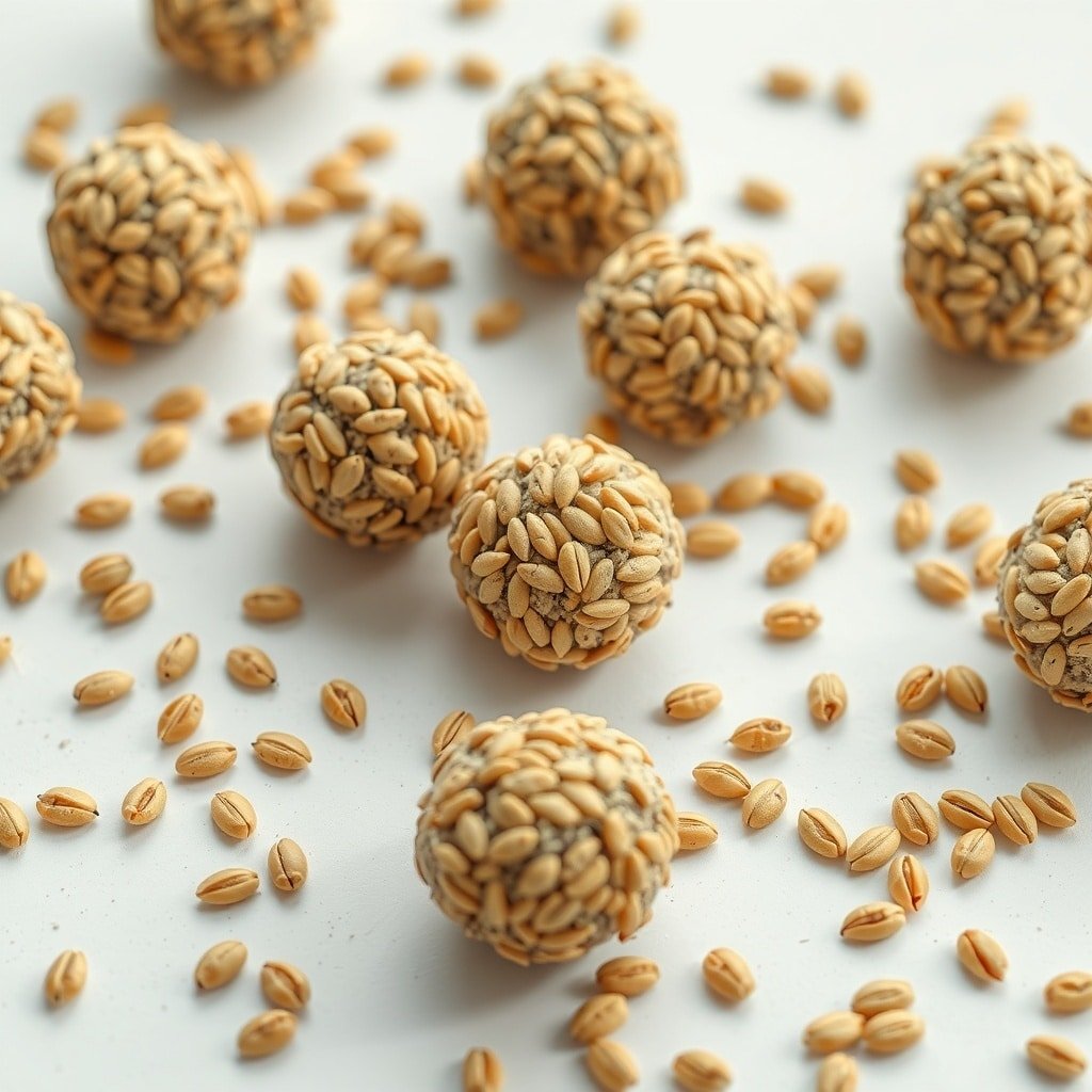 Sunflower seed protein balls scattered on a white surface