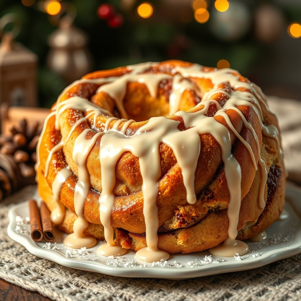 A beautifully swirled cinnamon roll cake topped with creamy glaze, set against a festive background.