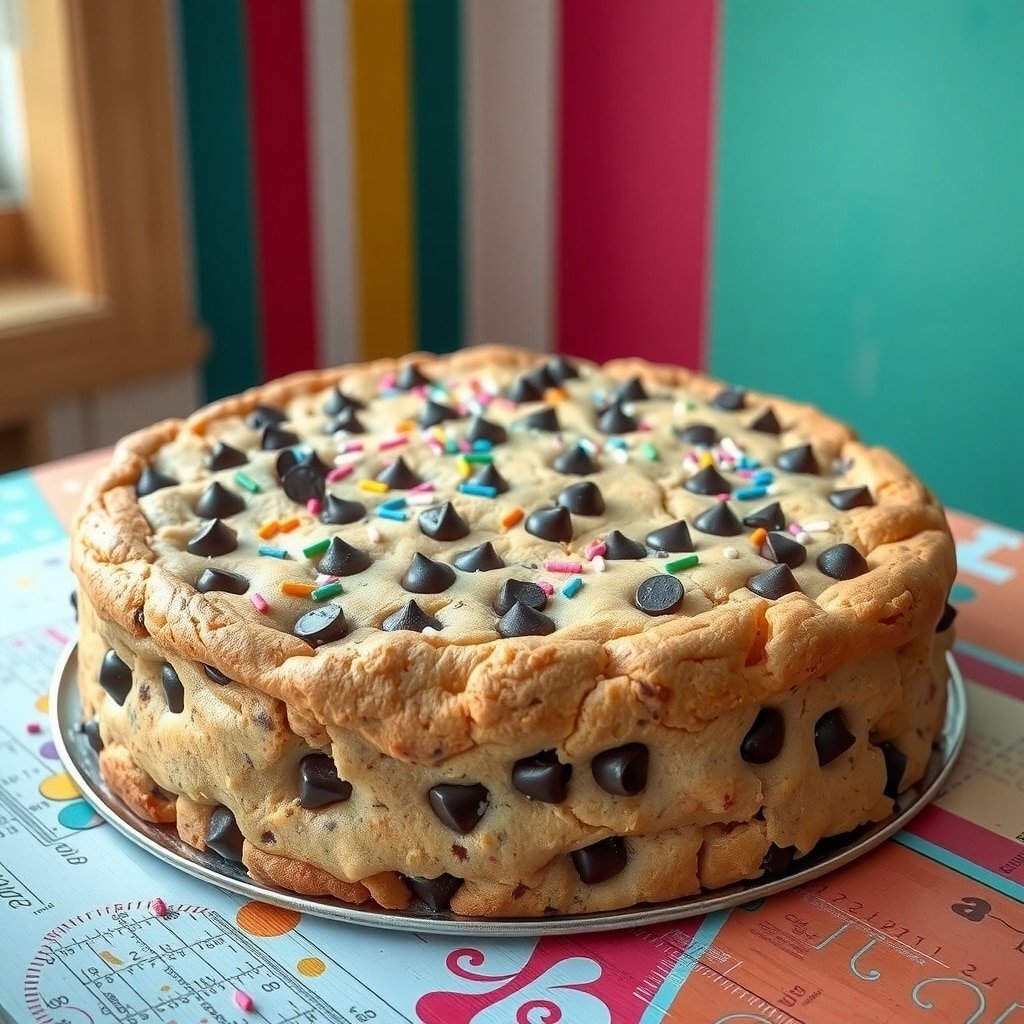 A colorful chocolate chip cookie cake topped with chocolate chips and sprinkles.