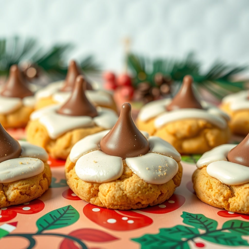 30 Delectable Christmas Cookie Recipes to Try This Holiday Season Peanut Butter Blossoms cookies topped with chocolate kisses on a festive background.