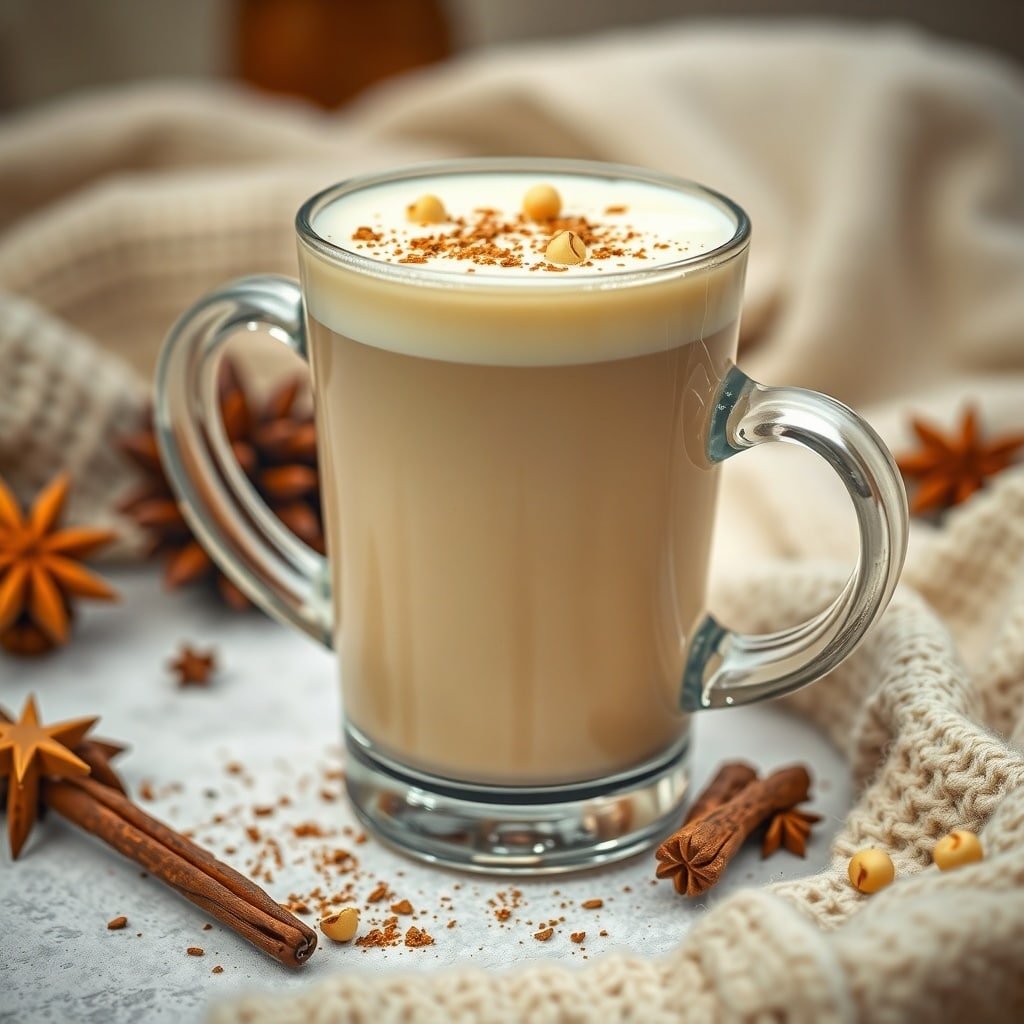 A Vanilla Chai White Russian cocktail in a clear glass mug, topped with cream and spices, surrounded by star anise and cinnamon sticks.