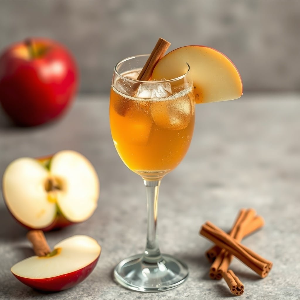 A glass of Cinnamon Apple Cider Mimosa with apple slices and cinnamon sticks. Winter Cocktails