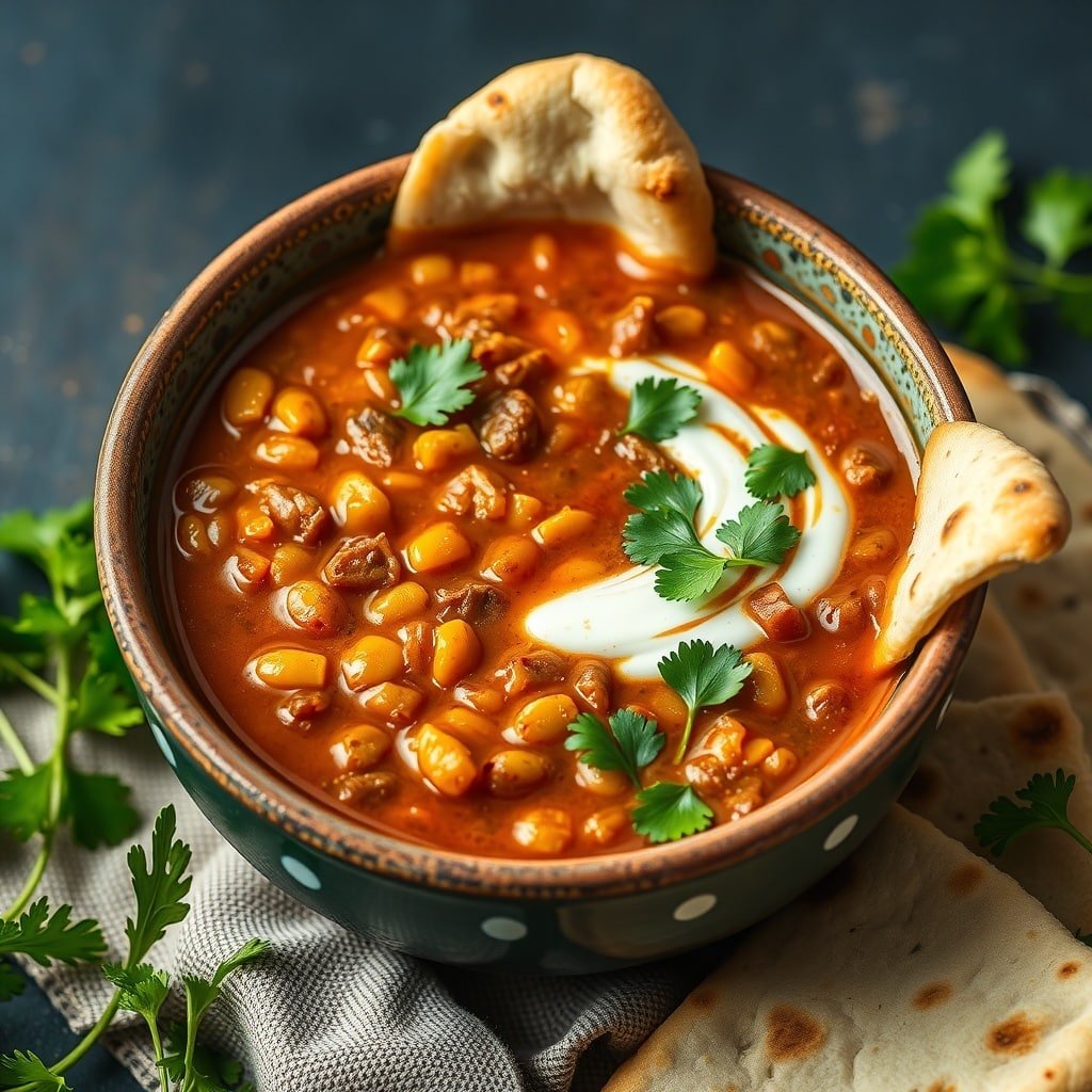 A bowl of Moroccan Spiced Lentil Soup garnished with cilantro and served with bread.