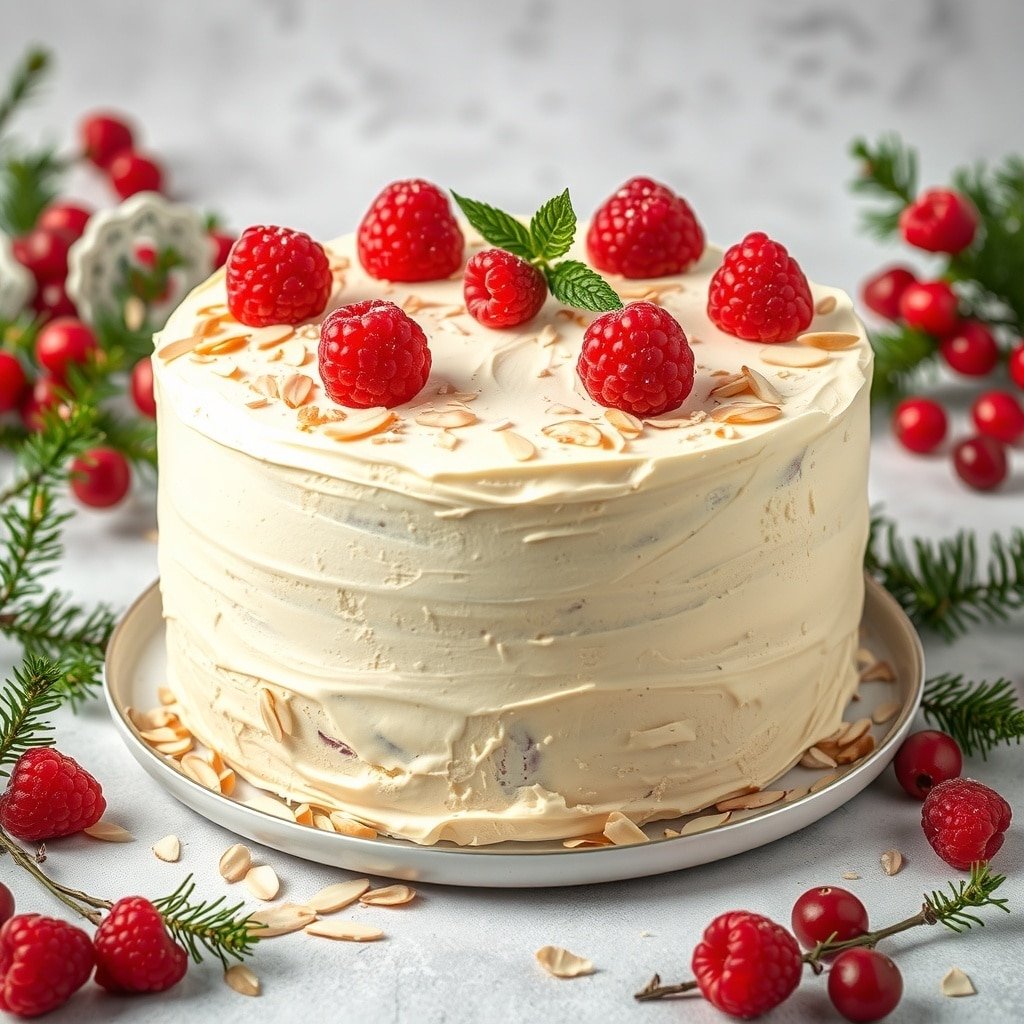 A beautifully decorated Raspberry Almond Cake topped with fresh raspberries and almonds, surrounded by festive decorations.