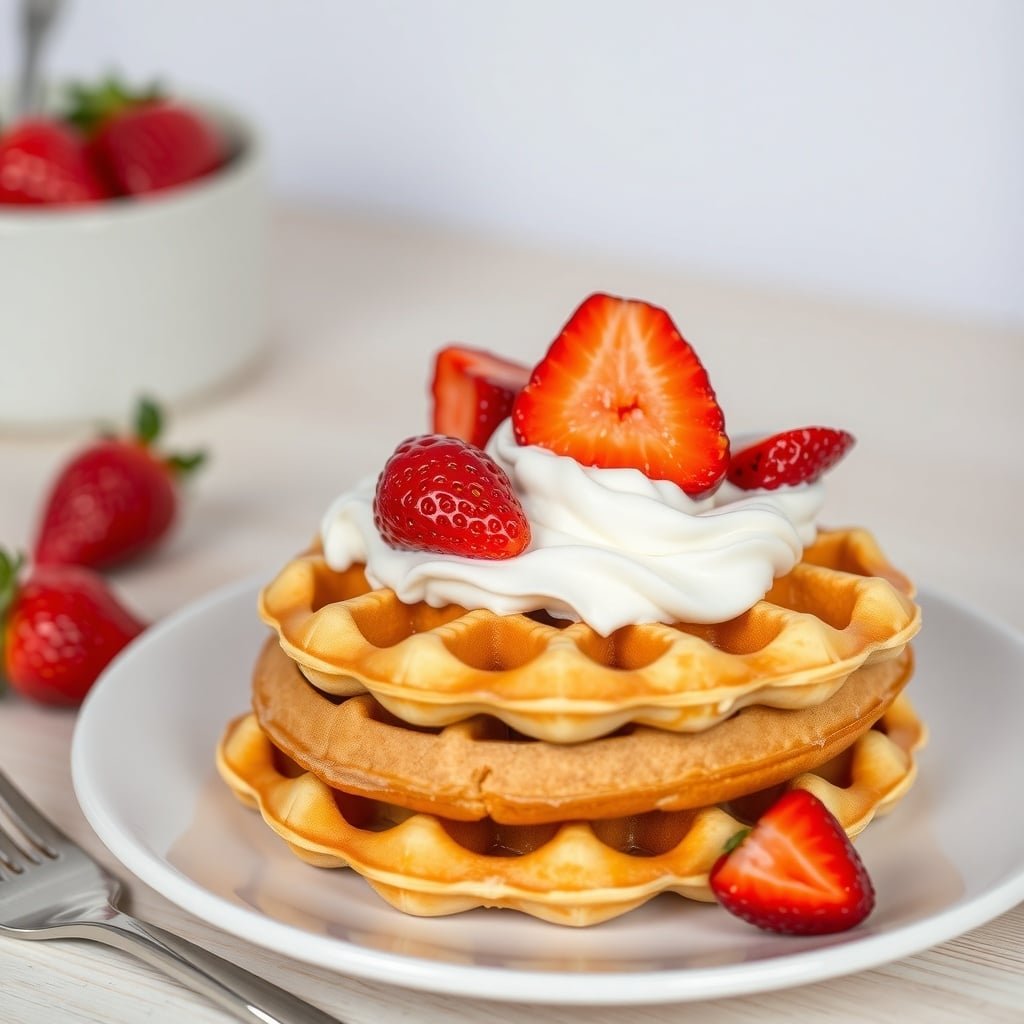 A plate of strawberry shortcake waffles topped with fresh strawberries and whipped cream.