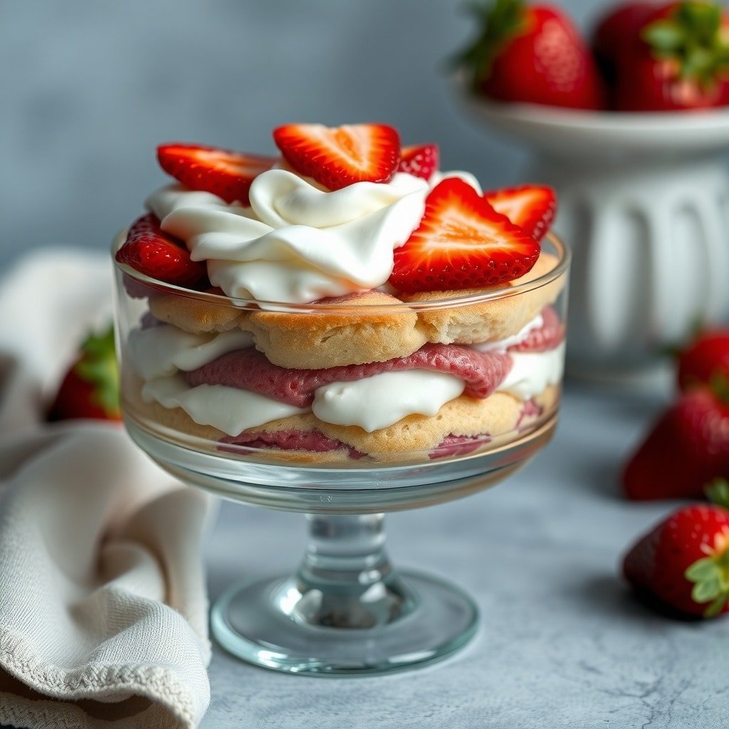 A no-bake strawberry shortcake dessert layered with strawberries, whipped cream, and sponge cake in a glass dish.