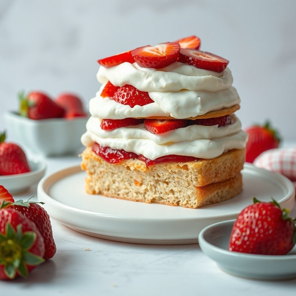 A delicious strawberry shortcake with layers of cream cheese, topped with fresh strawberries.