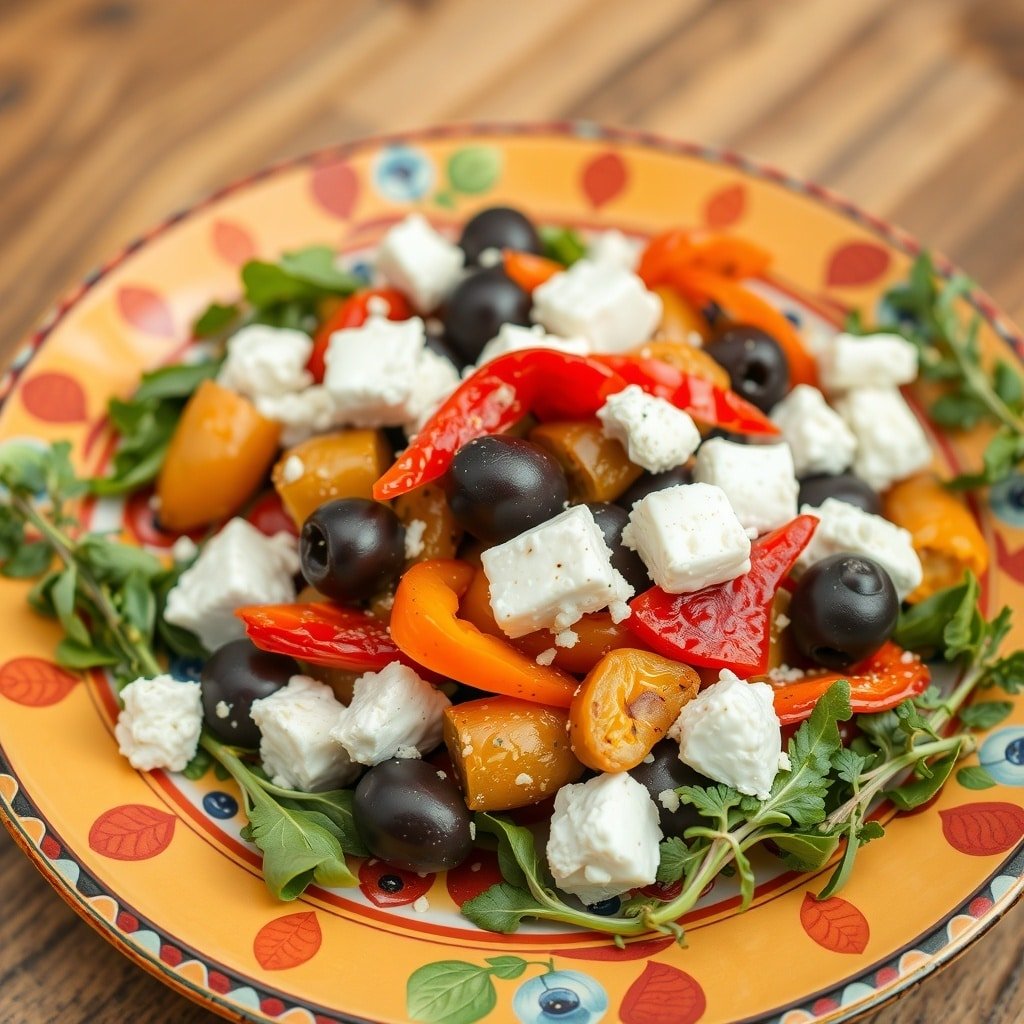 A colorful Mediterranean winter salad with arugula, bell peppers, olives, and feta cheese.