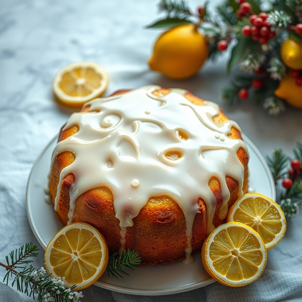 A beautifully decorated Lemon Drizzle Christmas Cake with lemon slices and festive greenery.