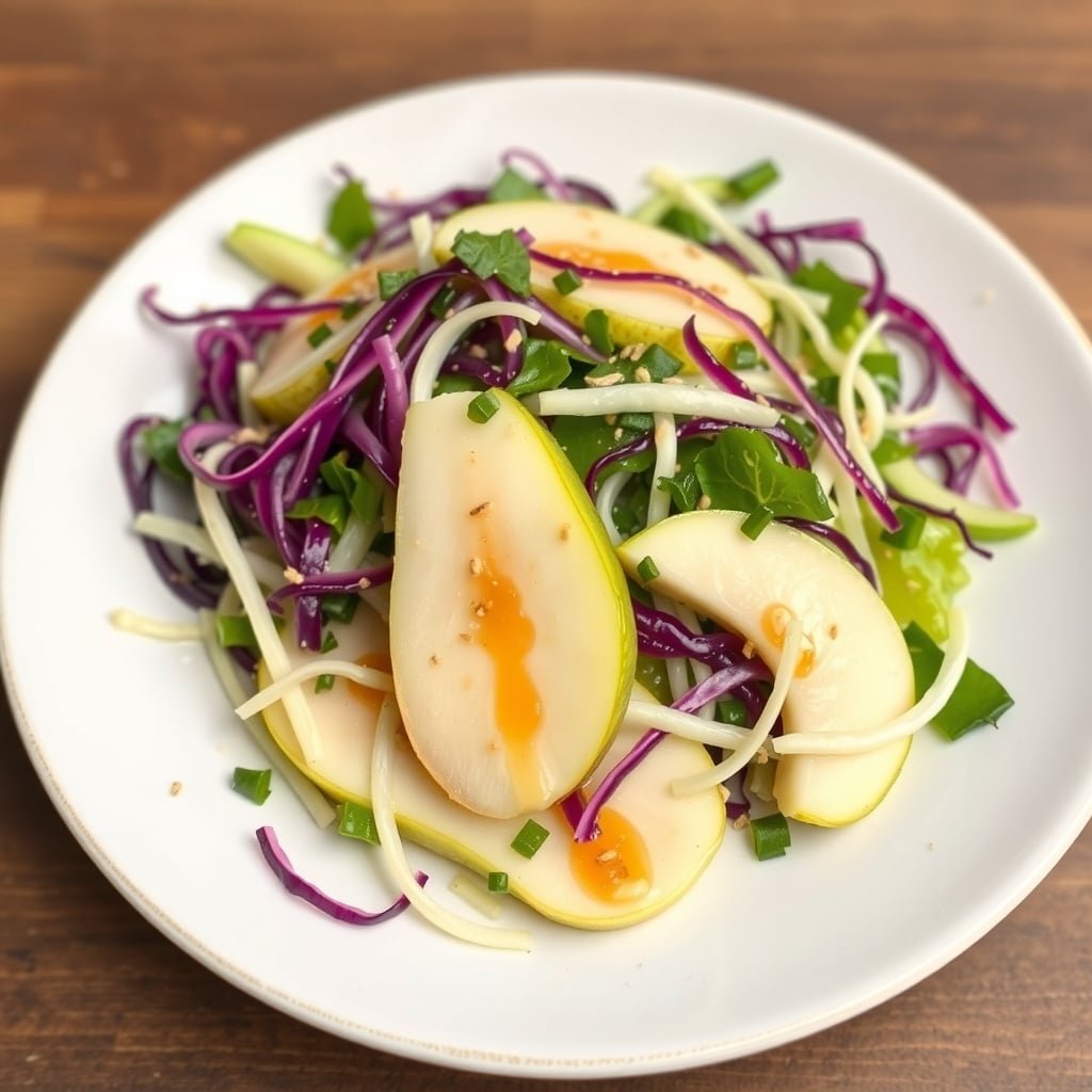 A colorful Asian pear and cabbage salad with vibrant greens and a light dressing.