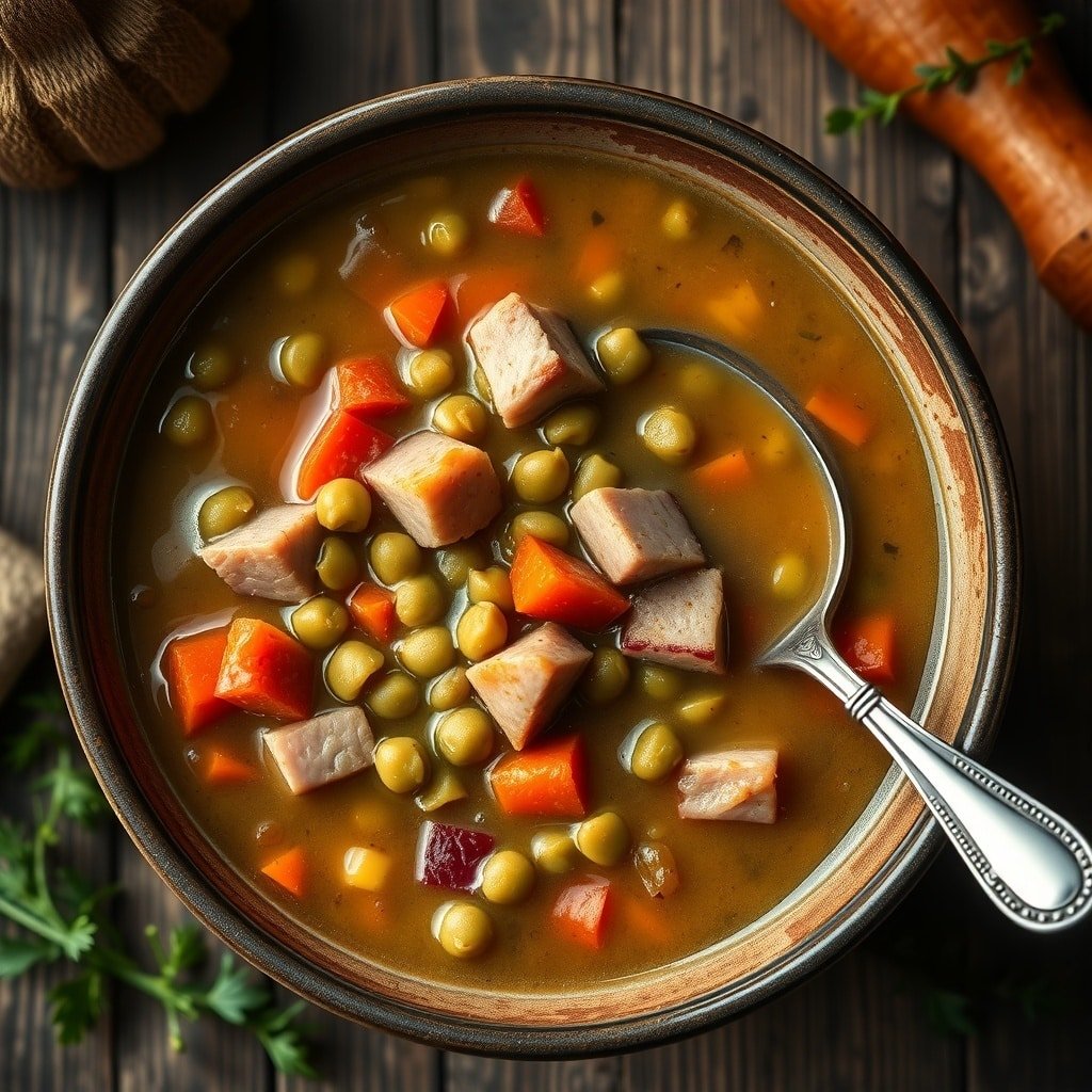 Bowl of split pea soup with ham, featuring green peas, diced ham, and colorful vegetables.