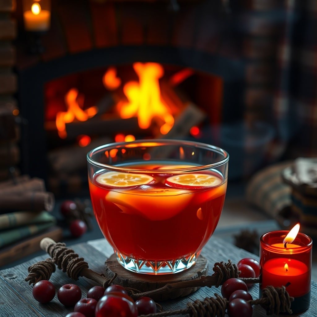 A bowl of vibrant Fireside Rum Punch with slices of lemon, set against a cozy fireplace backdrop.