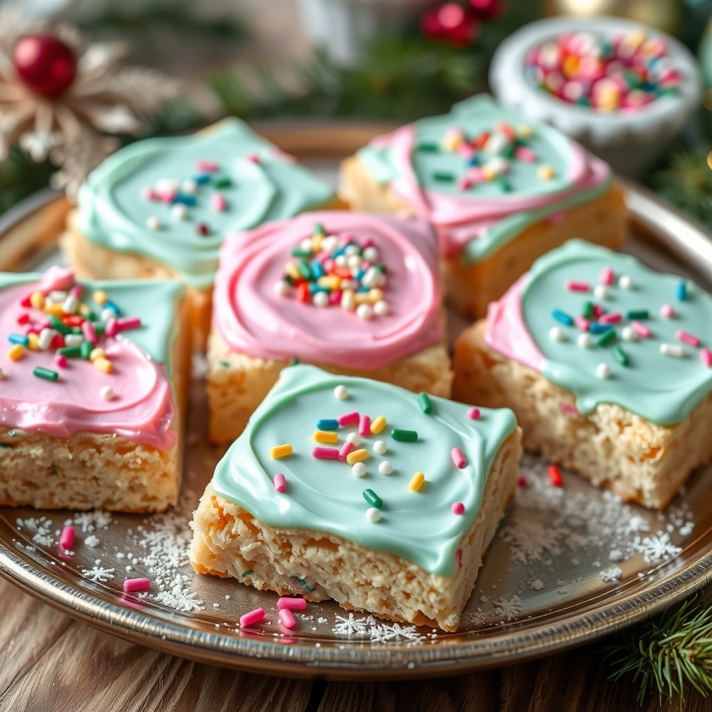 30 Delectable Christmas Cookie Recipes to Try This Holiday Season A plate of colorful sugar cookie bars with pink and blue frosting, decorated with sprinkles.