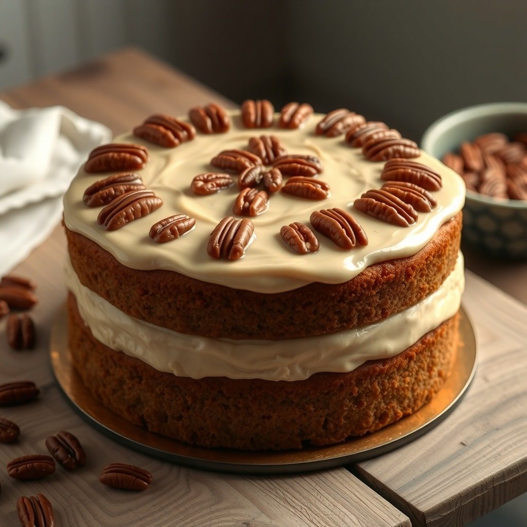 A beautifully layered Maple Pecan Cake topped with cream cheese frosting and pecans.