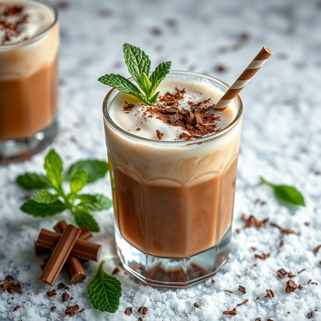 A Cocoa Mint Julep cocktail with whipped cream, mint leaves, and chocolate shavings, set against a snowy background.