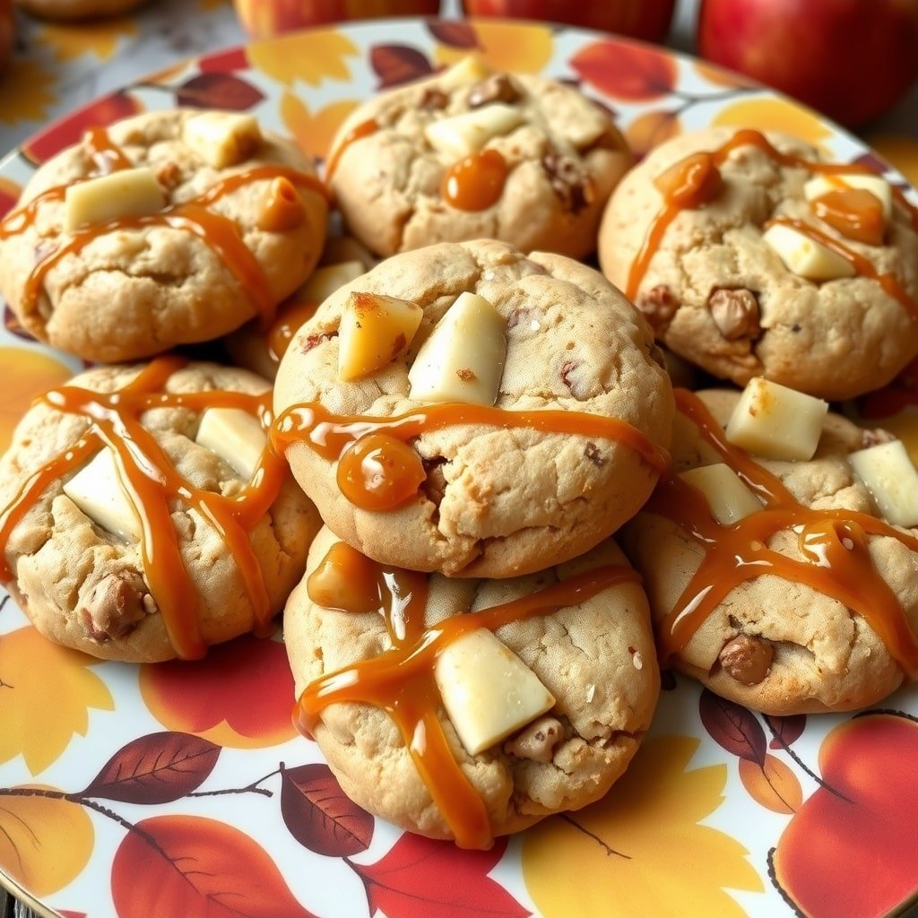 A plate of caramel apple cookies with caramel drizzle, surrounded by autumn leaves and apples.