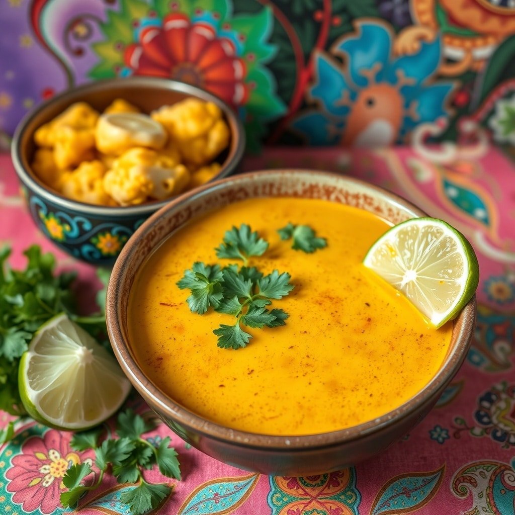 A bowl of curried cauliflower soup garnished with cilantro and lime, with roasted cauliflower in the background.