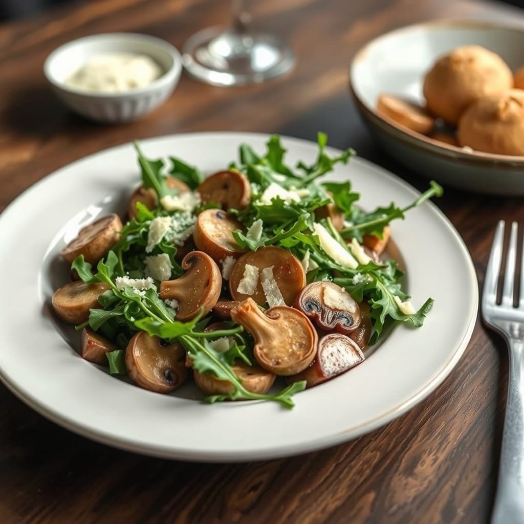A plate of mushroom and arugula salad with shaved cheese on top