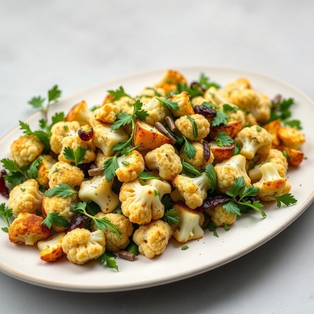 A vibrant roasted cauliflower salad with cranberries and parsley on a plate.