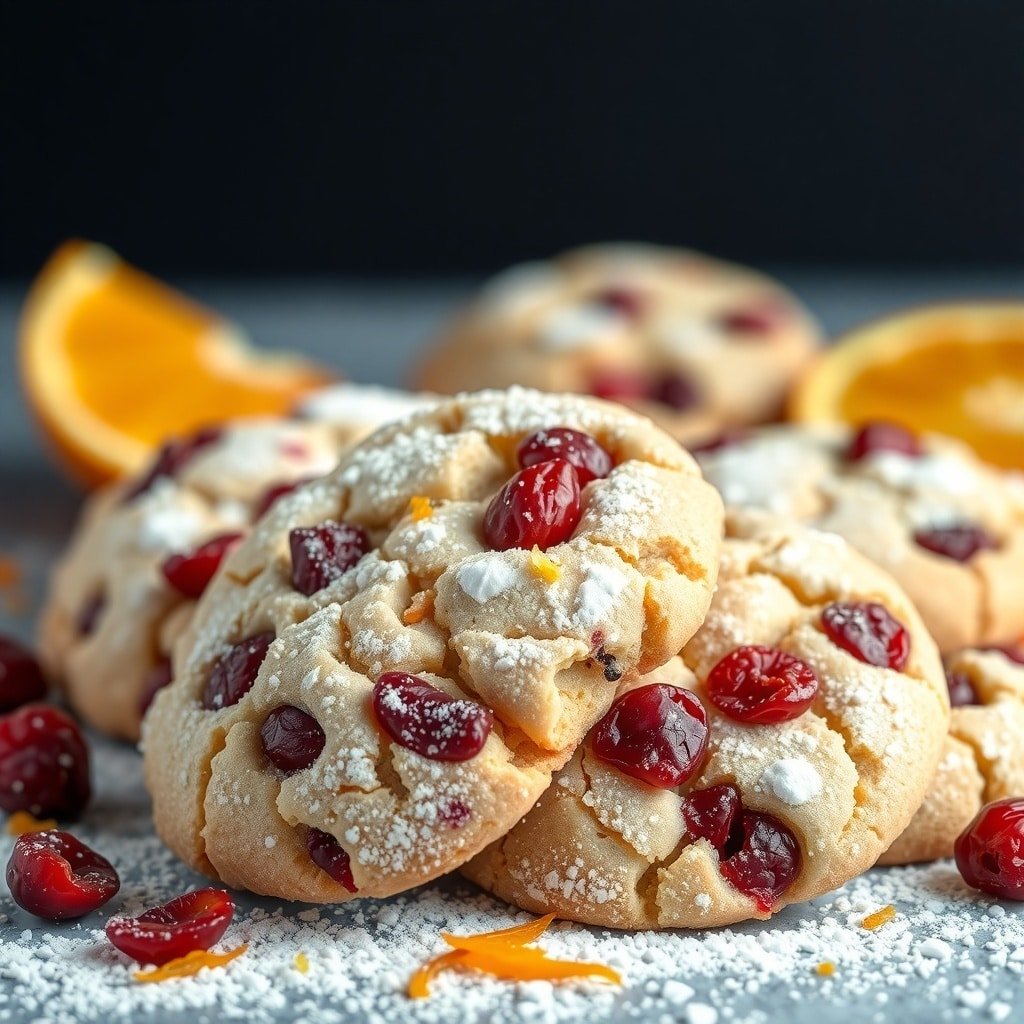 Cranberry orange cookies with powdered sugar and orange slices