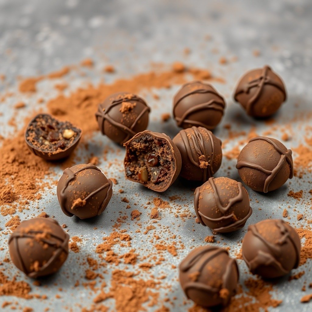 Chocolate protein balls with dates, some whole and some cut in half, dusted with cocoa powder.