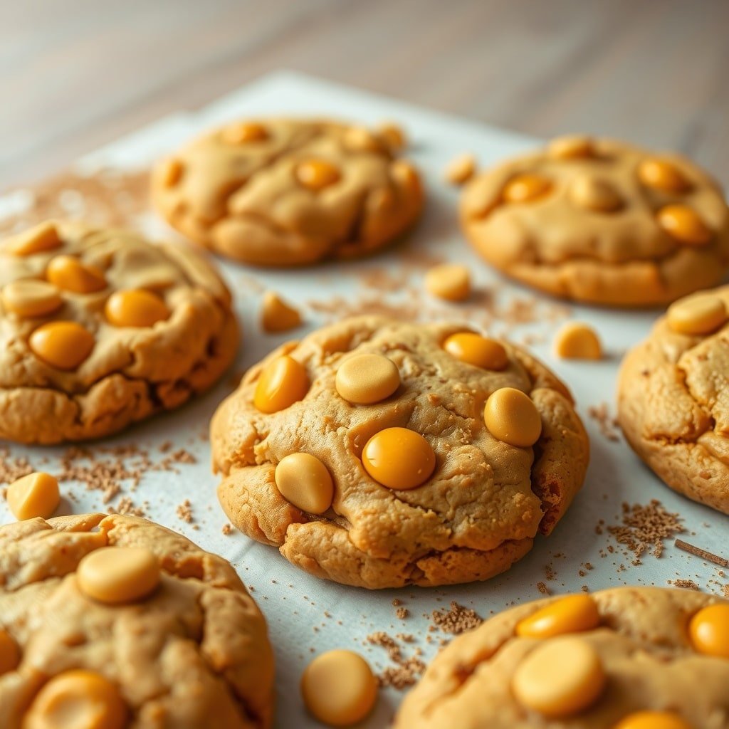 A plate of butterscotch pumpkin cookies with golden chips on top.