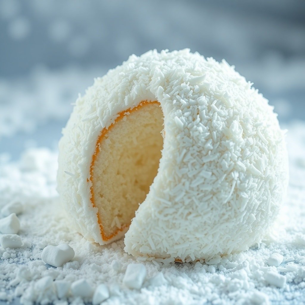 A beautifully decorated Coconut Snowball Cake with a fluffy coconut exterior and a slice taken out, revealing its moist interior.