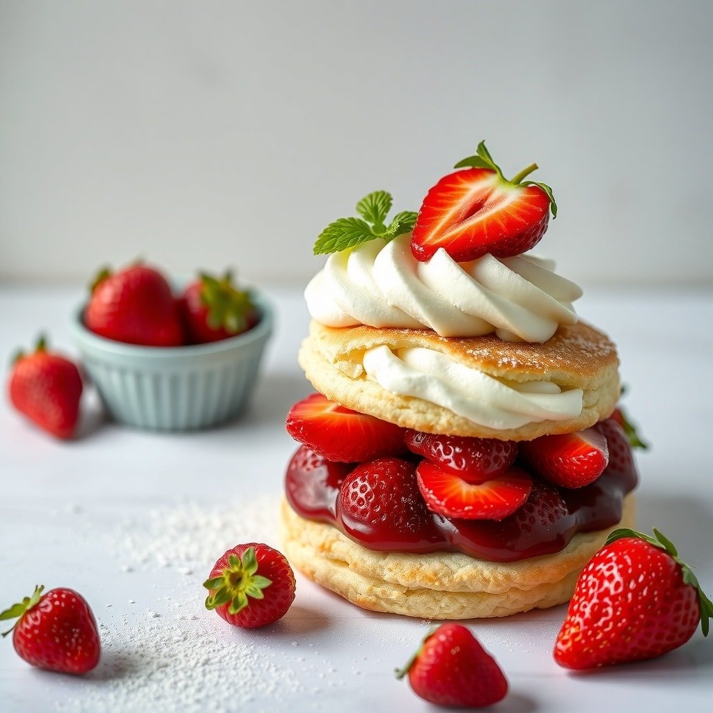 A delicious strawberry shortcake made with almond flour, featuring layers of cake, fresh strawberries, and whipped cream.