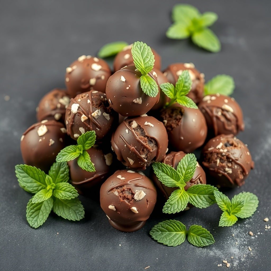 A pile of chocolate mint protein balls garnished with fresh mint leaves.