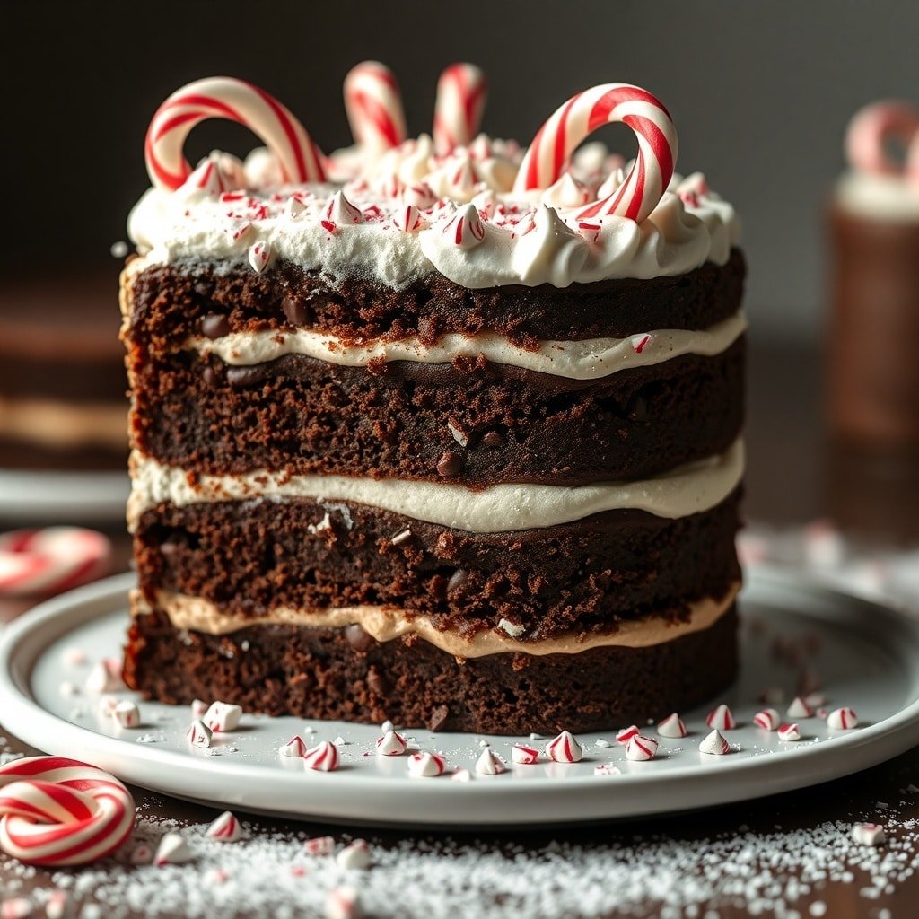 A festive Peppermint Mocha Cake decorated with candy canes and whipped cream.