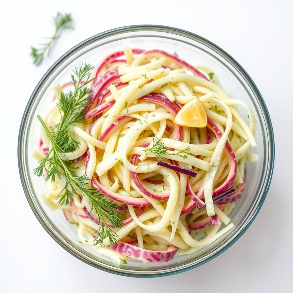 A bowl of chilled cabbage salad with dill, featuring green and red cabbage, dill, and a light dressing.