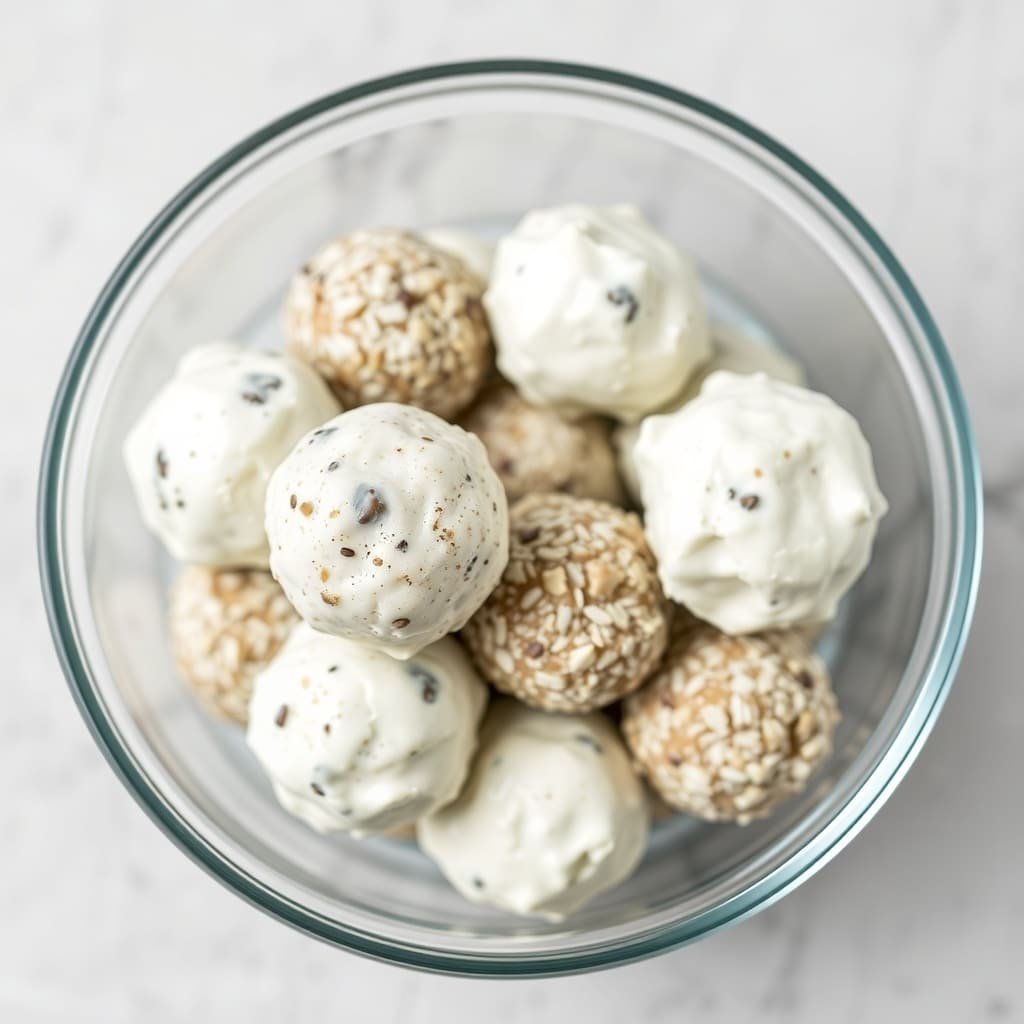 A bowl filled with various protein balls, some coated in yogurt and others rolled in seeds.