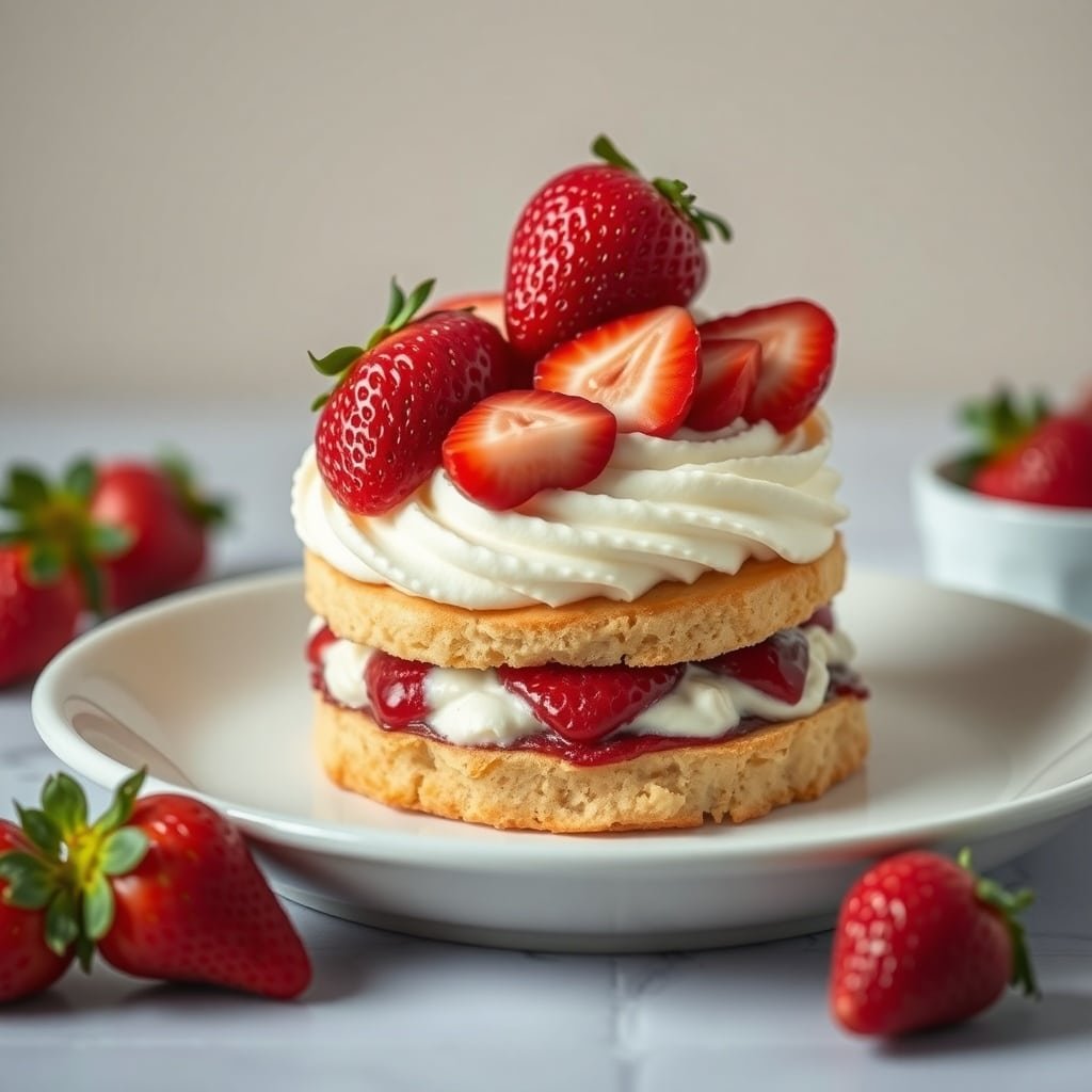 A delicious strawberry shortcake with cream cheese frosting, topped with fresh strawberries.