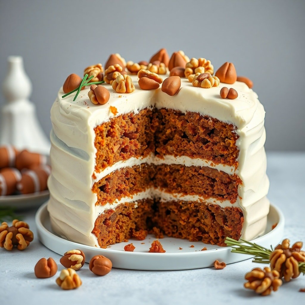 A beautifully layered carrot cake with cream cheese frosting, topped with walnuts and chocolate candies.