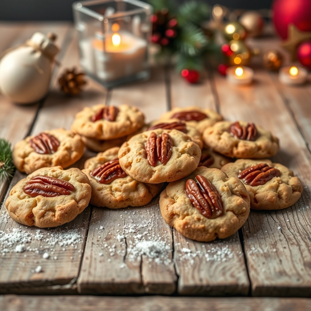 30 Delectable Christmas Cookie Recipes to Try This Holiday Season A plate of maple pecan cookies with whole pecans on top, surrounded by festive decorations.