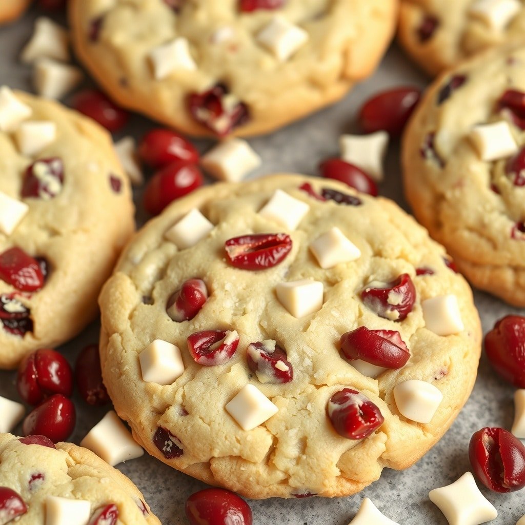 Delicious white chocolate cranberry cookies with cranberries and white chocolate chips scattered around.