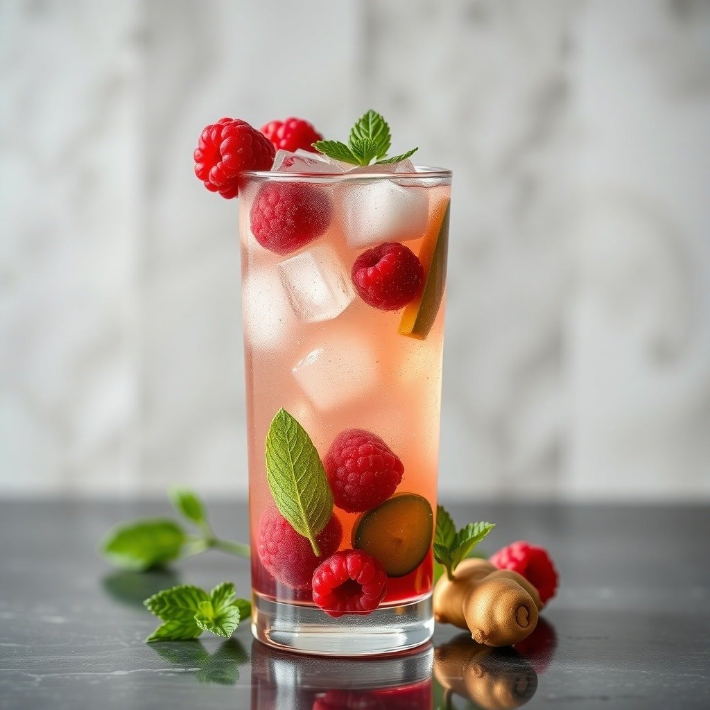 A refreshing Raspberry Ginger Fizz cocktail garnished with raspberries and mint leaves.