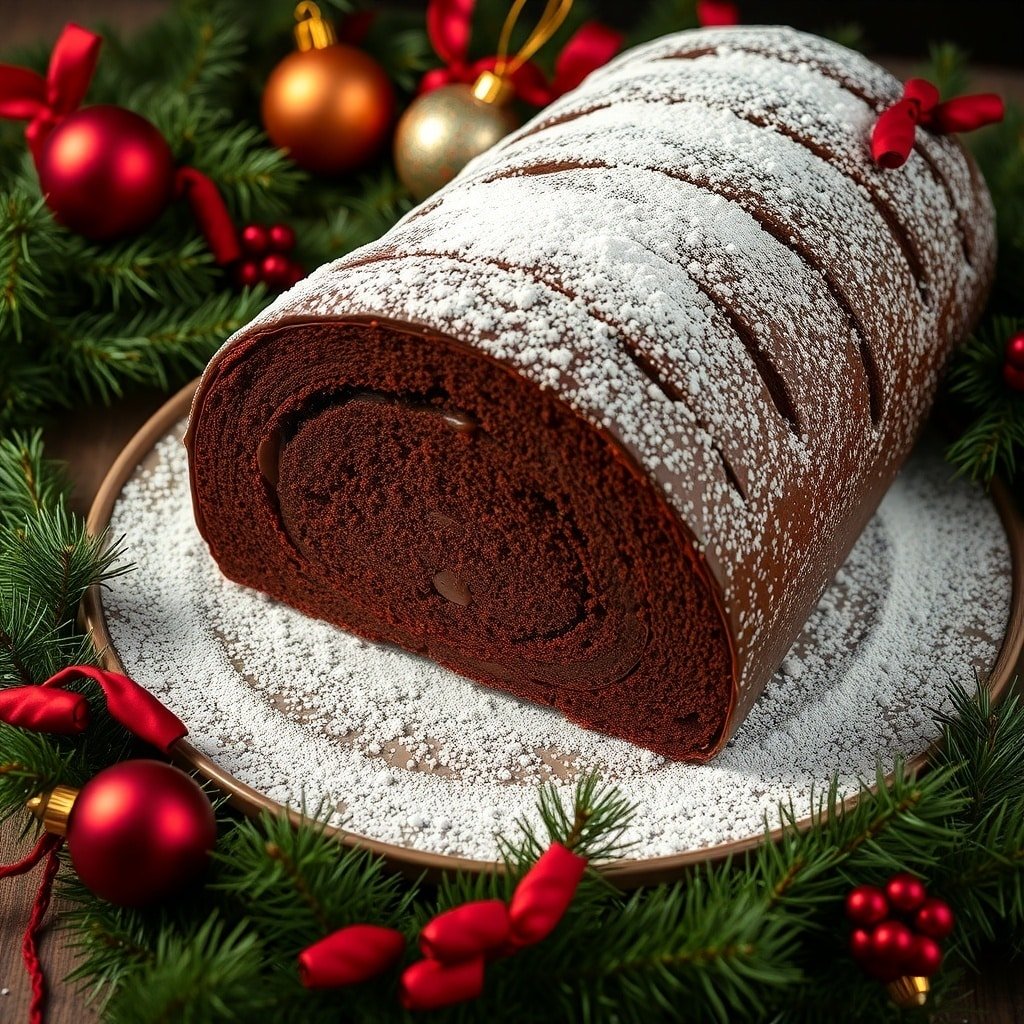 A rich chocolate yule log cake dusted with powdered sugar, surrounded by festive decorations.