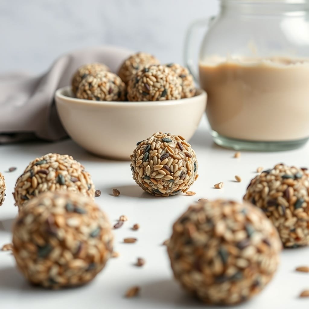 A variety of chia seed protein balls displayed on a table with a bowl of more balls and a jar of drink in the background.