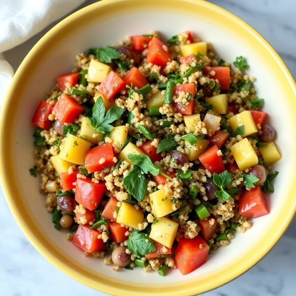A colorful quinoa tabbouleh salad with diced bell peppers, herbs, and quinoa in a bowl.