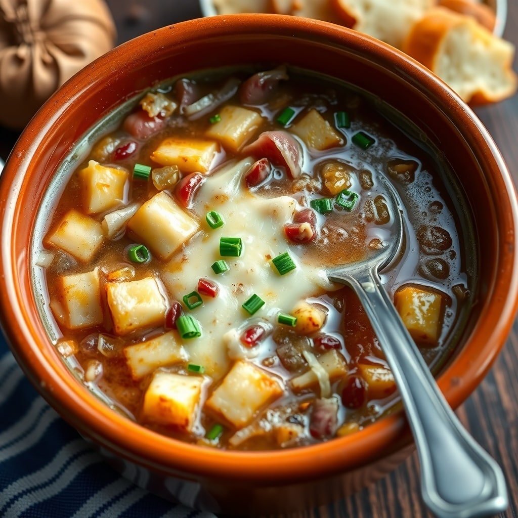 A bowl of French Onion Soup topped with melted cheese and fresh herbs, served with crusty bread.