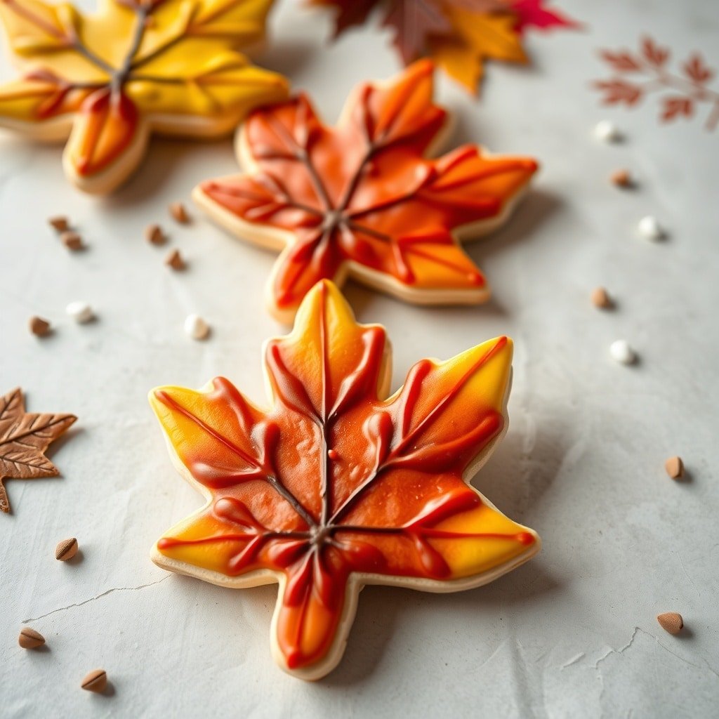 Colorful maple leaf cookies decorated with icing, perfect for fall.