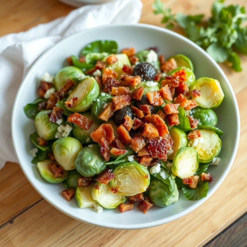 A bowl of Brussels sprout and bacon salad with greens, olives, and feta cheese.