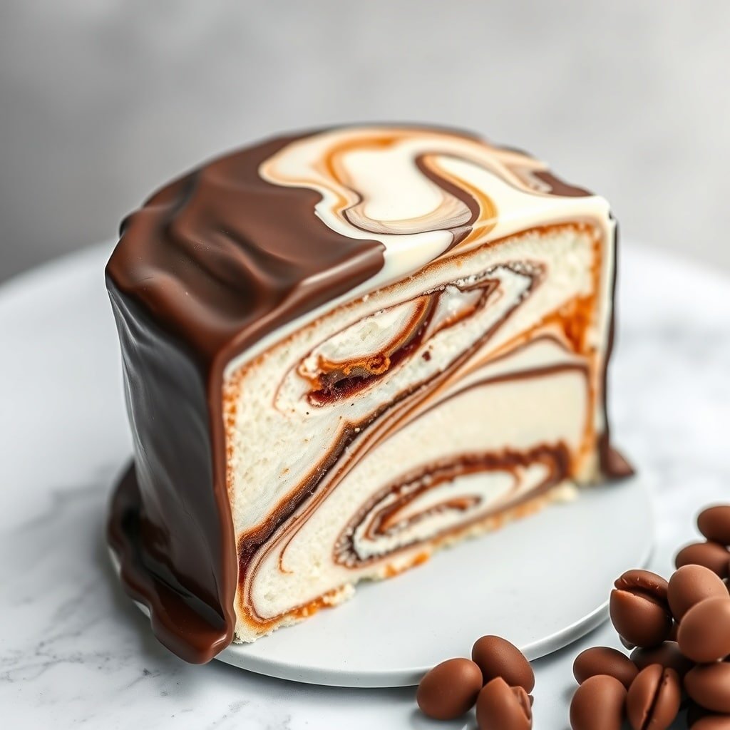 A beautifully swirled marble cake topped with glossy chocolate ganache.