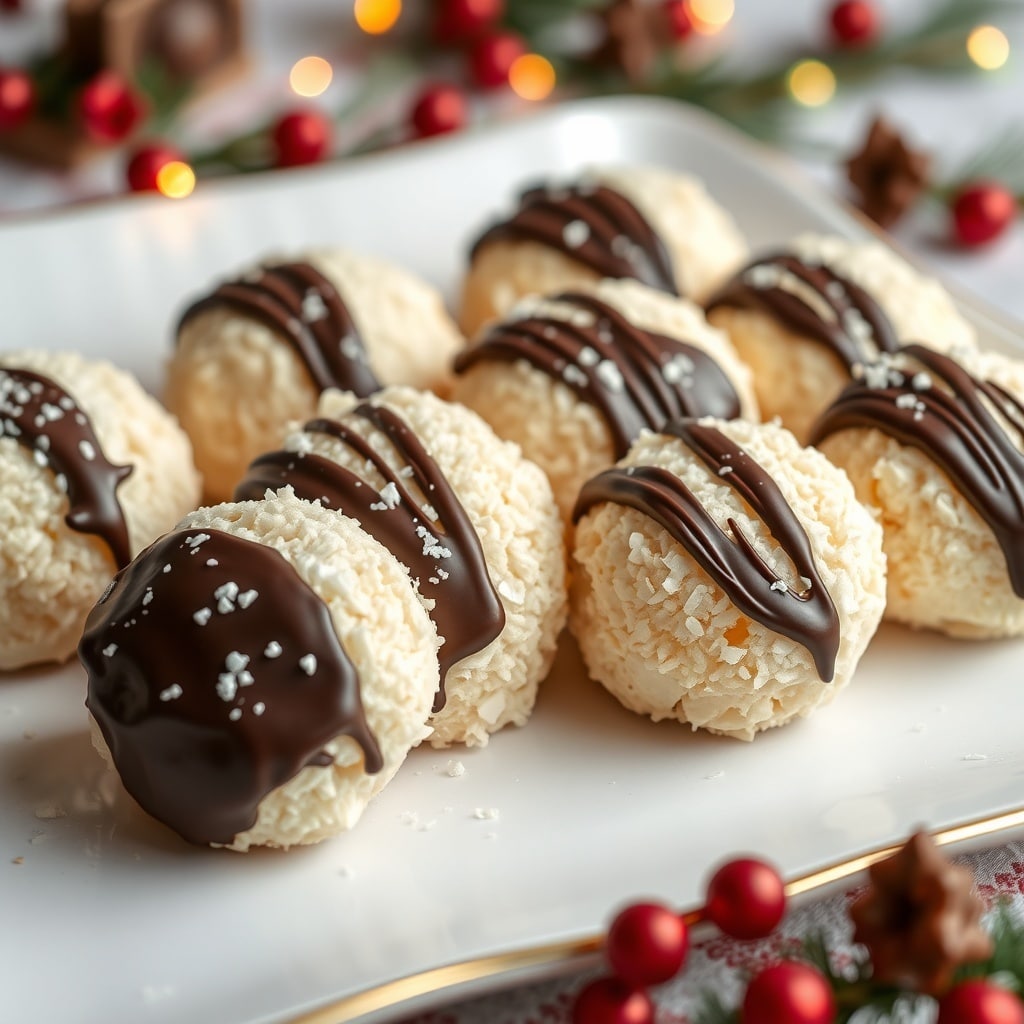 30 Delectable Christmas Cookie Recipes to Try This Holiday Season A plate of coconut macaroons dipped in chocolate, decorated with a sprinkle of sea salt.
