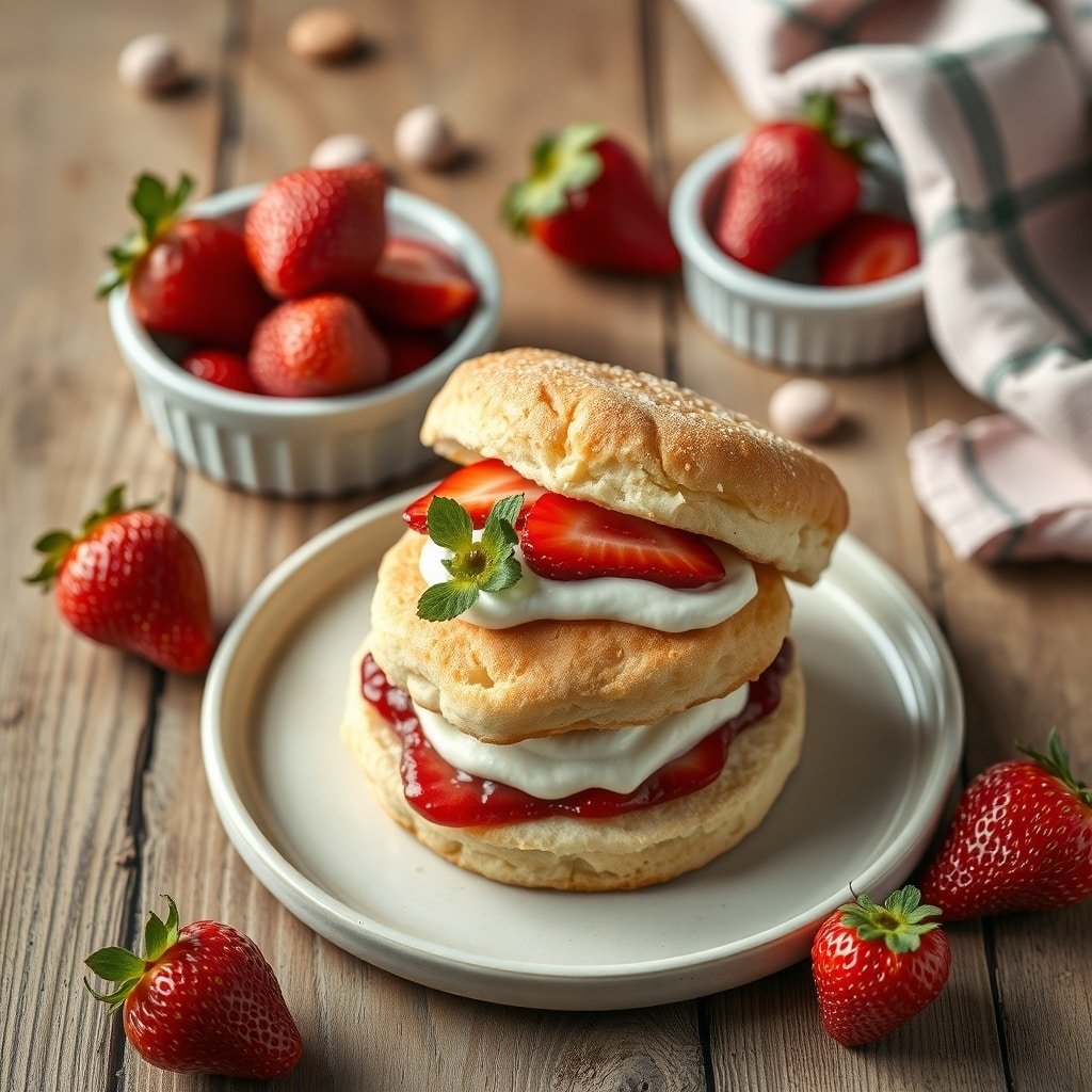 A gluten-free strawberry shortcake with fresh strawberries and whipped cream on a plate.
