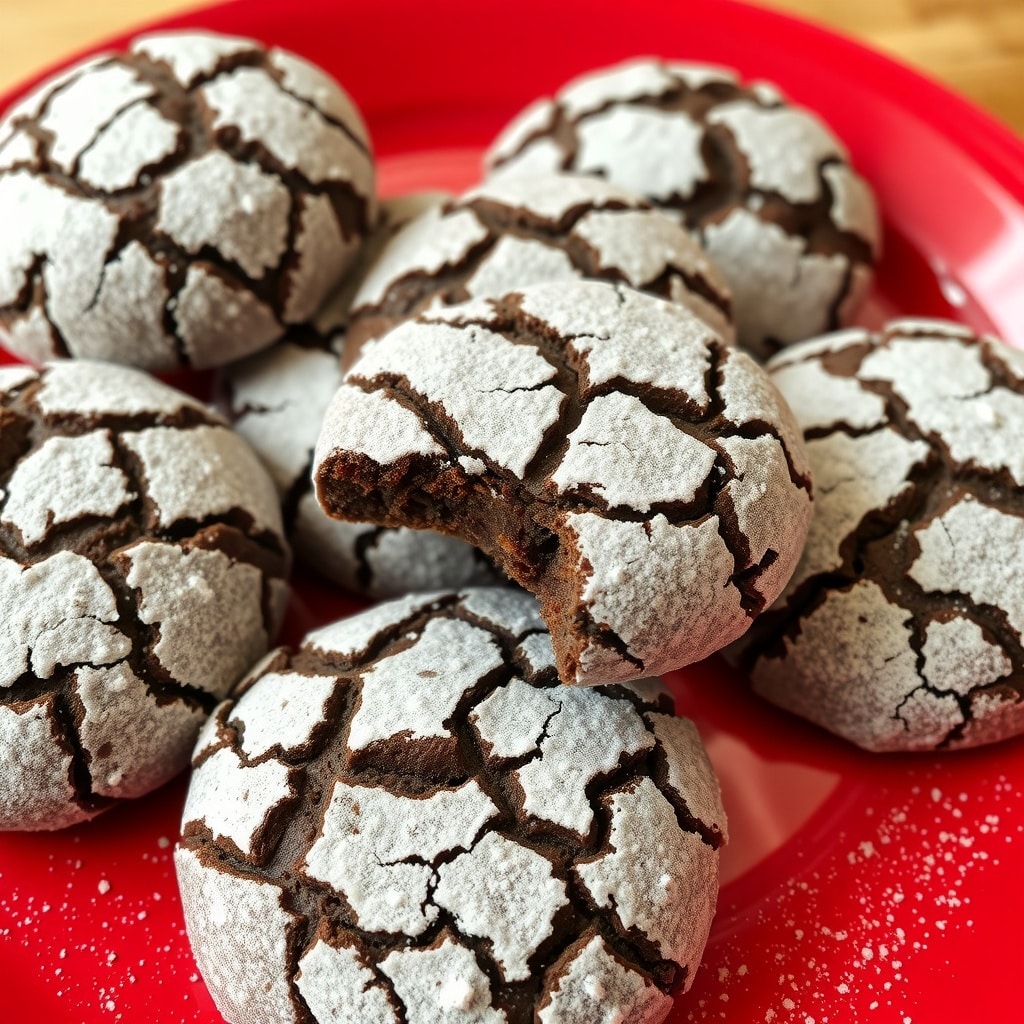 30 Delectable Christmas Cookie Recipes to Try This Holiday Season A plate of chocolate crinkle cookies with a few cookies broken open, showing the soft interior.