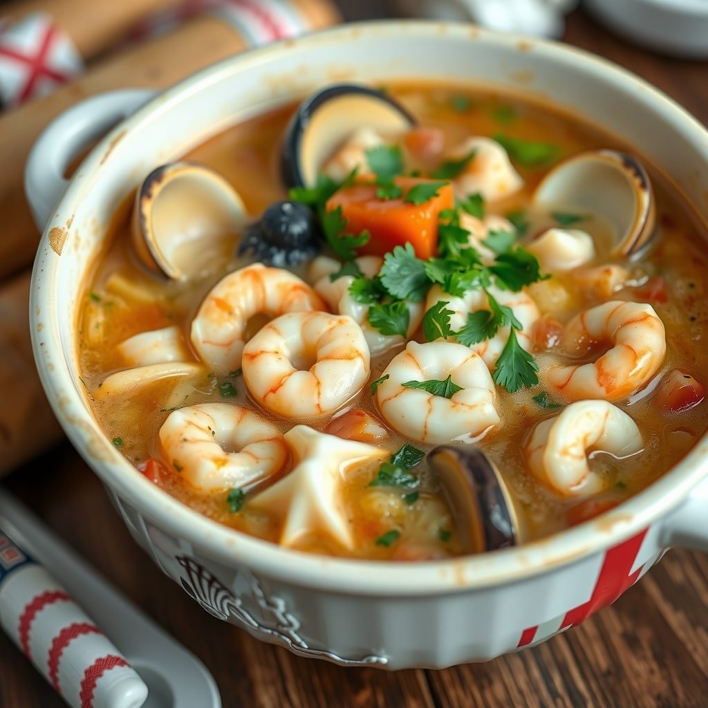 A bowl of seafood chowder with shrimp, clams, and vegetables.